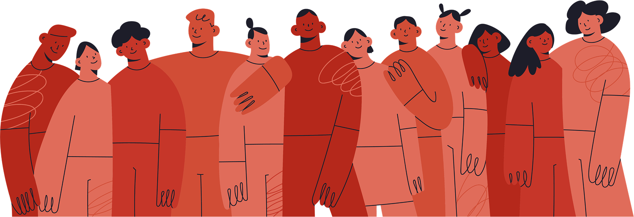 illustration of line of people smiling and embracing each other